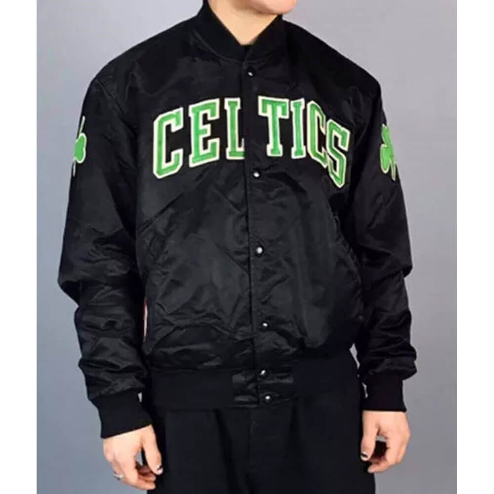 vintage-style Boston Celtics black satin bomber jacket