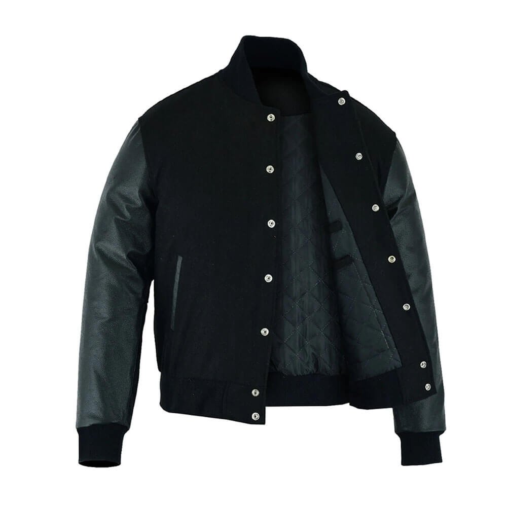 Men Black Wool & Black Leather Varsity Jacket