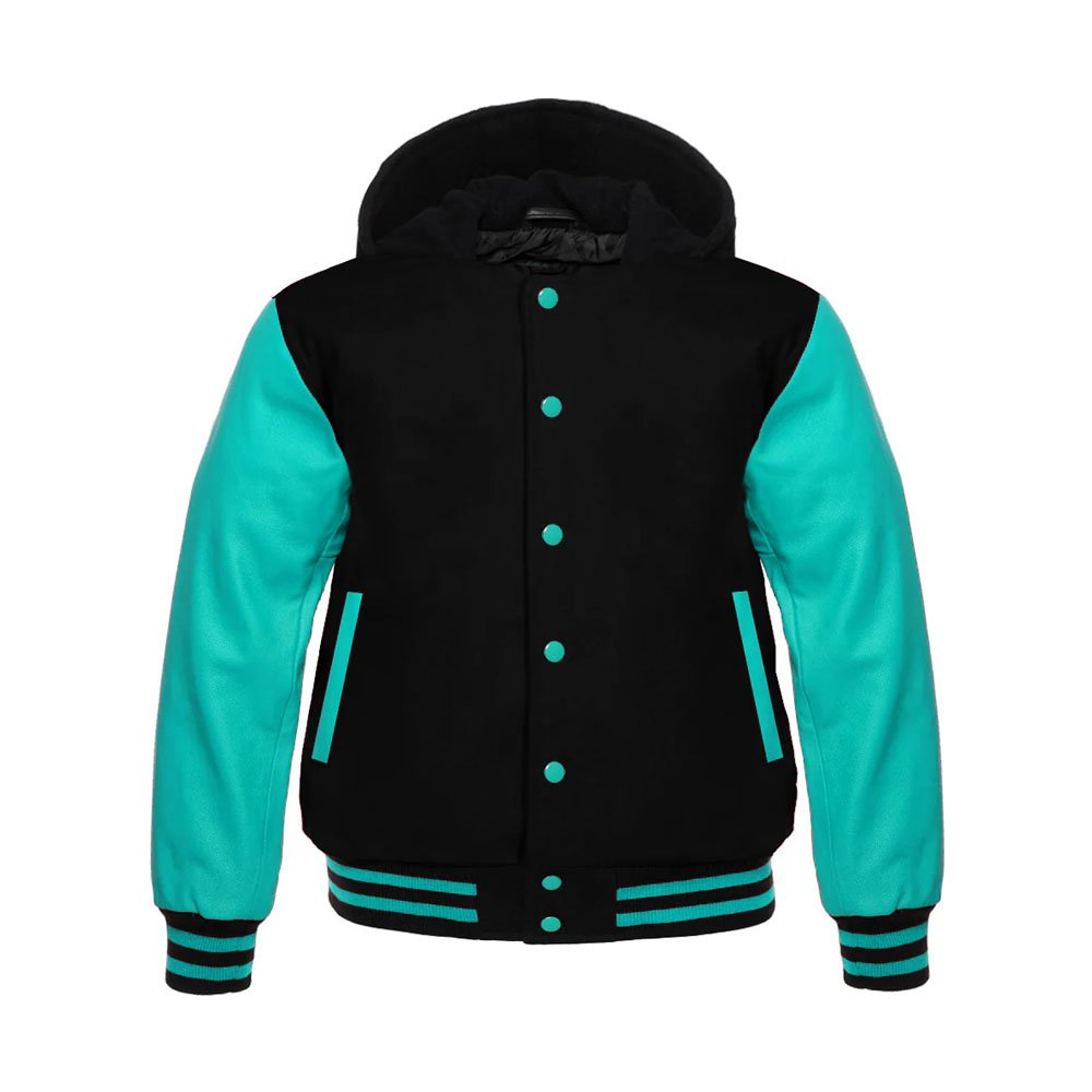 Black Hooded Varsity Jacket Teal Sleeves