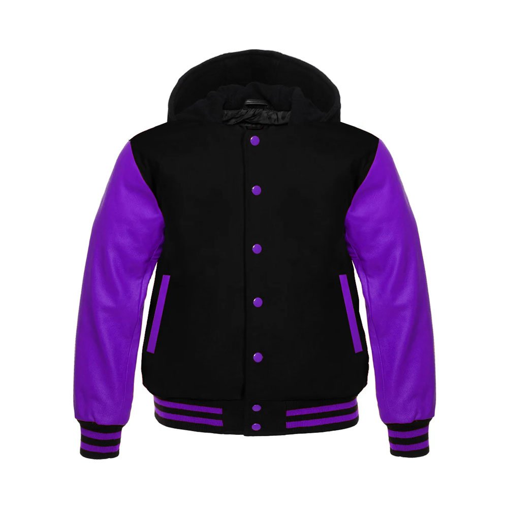 Black Hooded Varsity Jacket Purple Sleeves