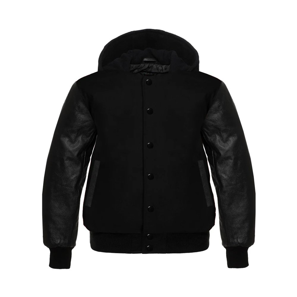 Hooded Black Leather Varsity Jacket