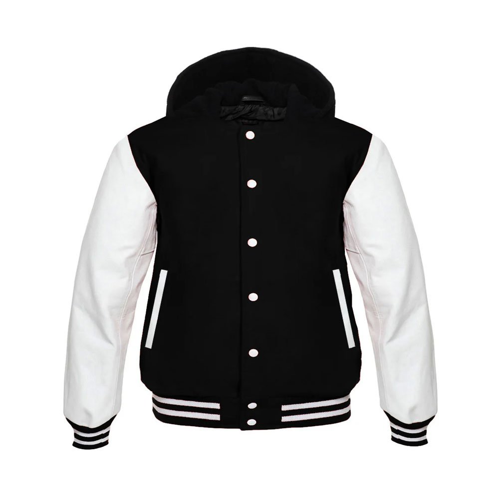 Black Hooded Varsity Jacket White Sleeves