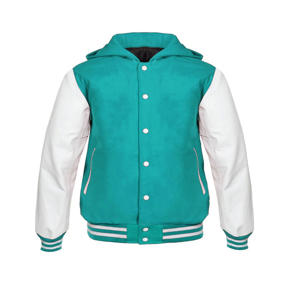 Hooded Teal Blue Varsity Jacket