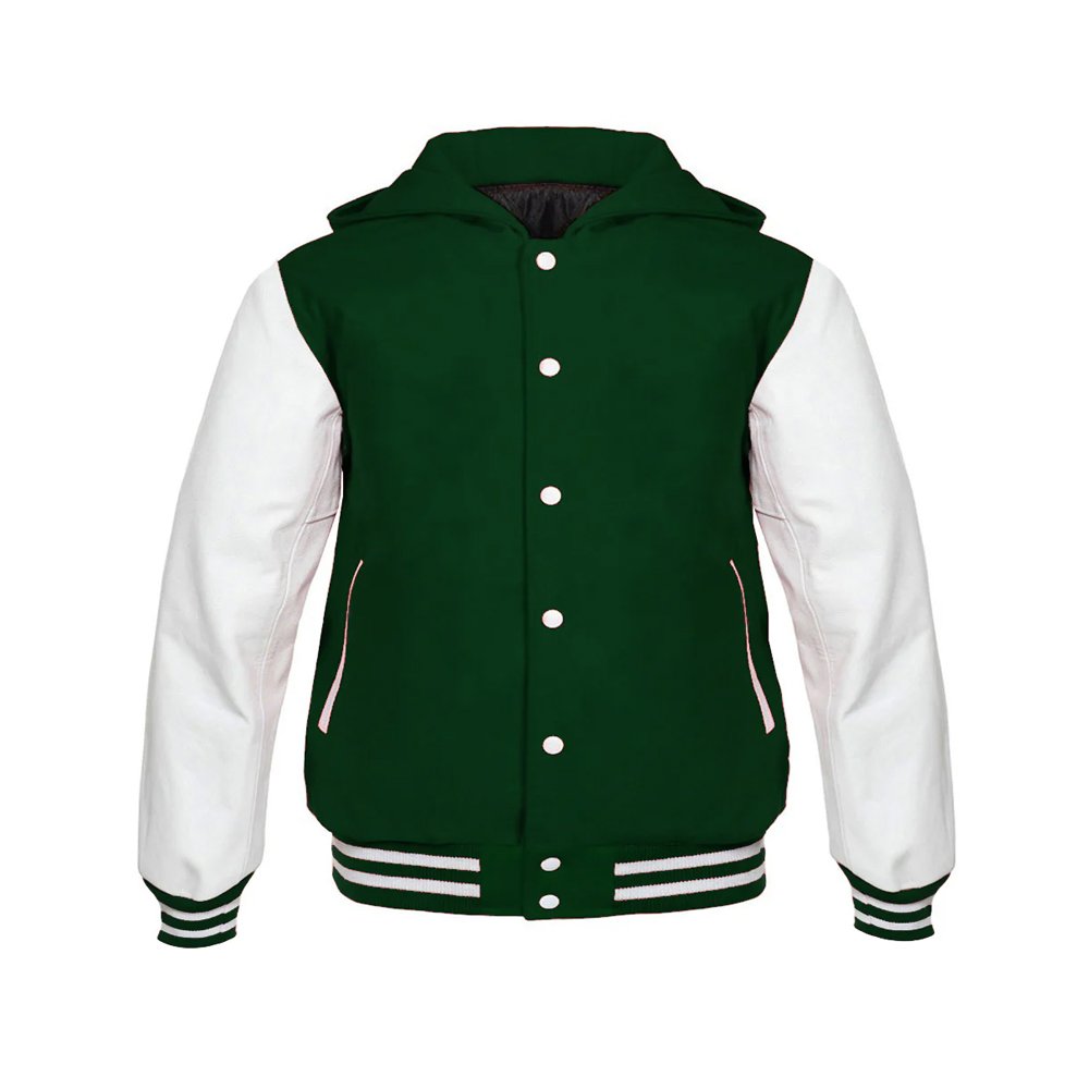 Hooded Dark Green Varsity Leather Jacket