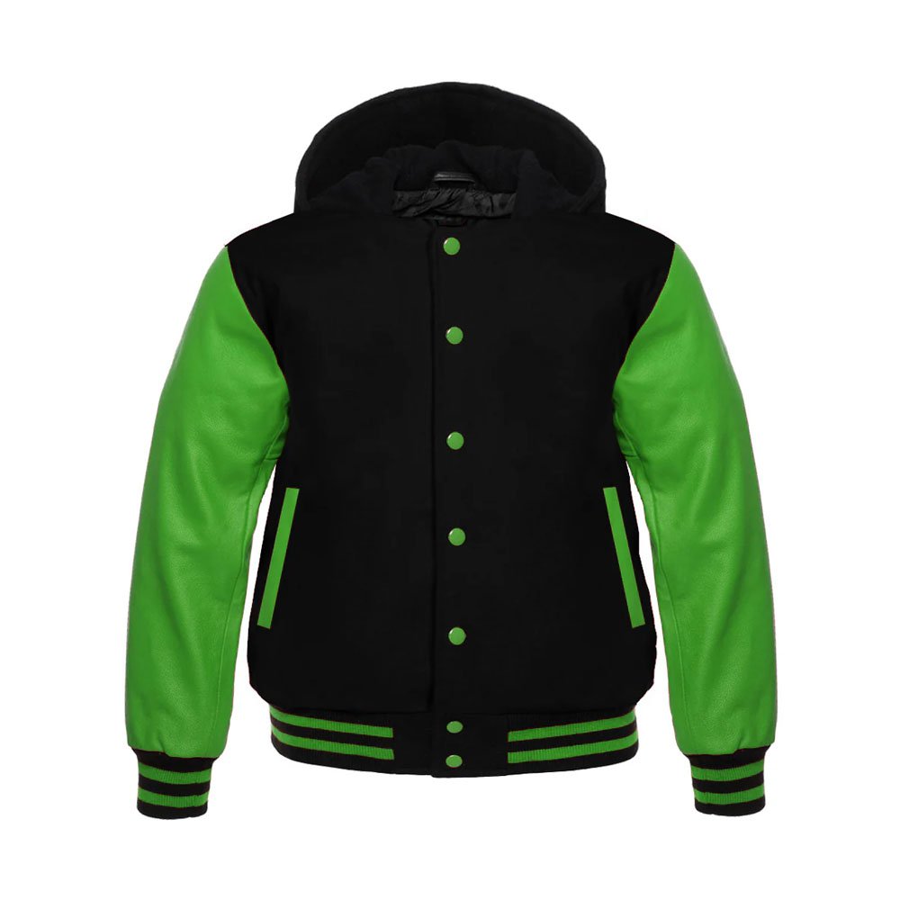 Hooded Varsity Jacket Black Green Leather