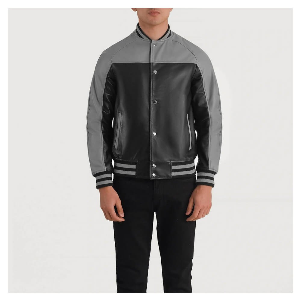 Tristan Leather Varsity Jacket in Black & Gray