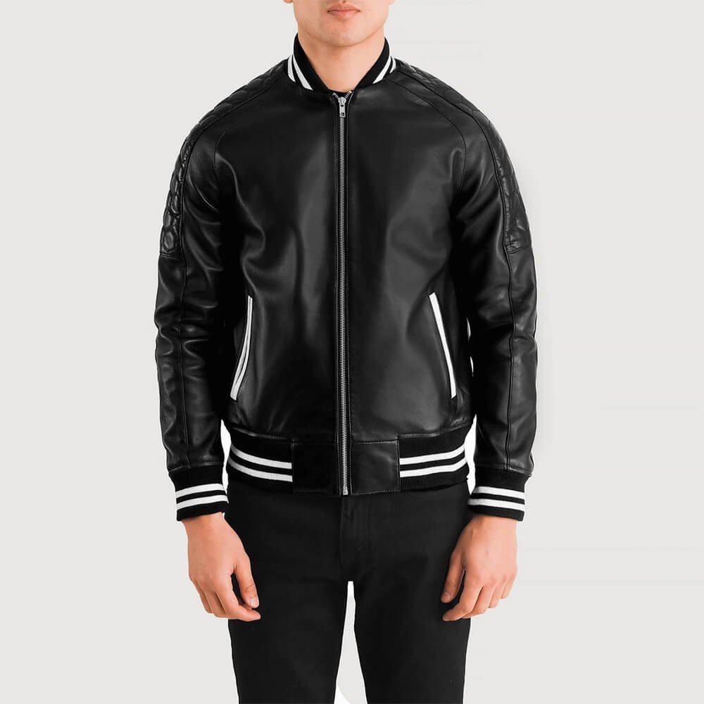 Black Leather Varsity Jacket-GLJK78