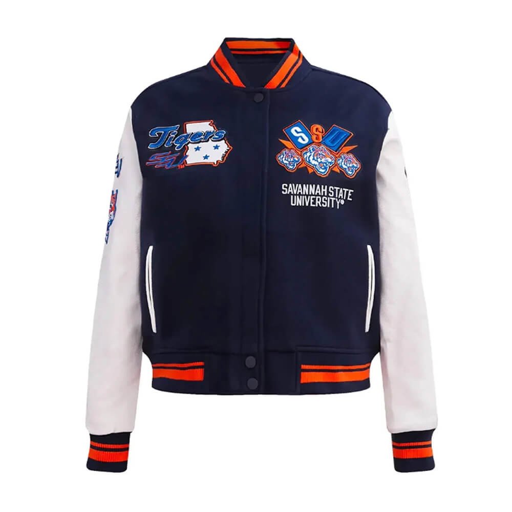 Savannah State Navy White Varsity Jacket Homecoming Style
