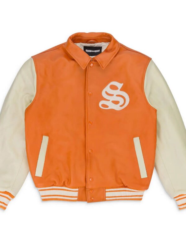 Men’s Tan and White Varsity Leather Jacket
