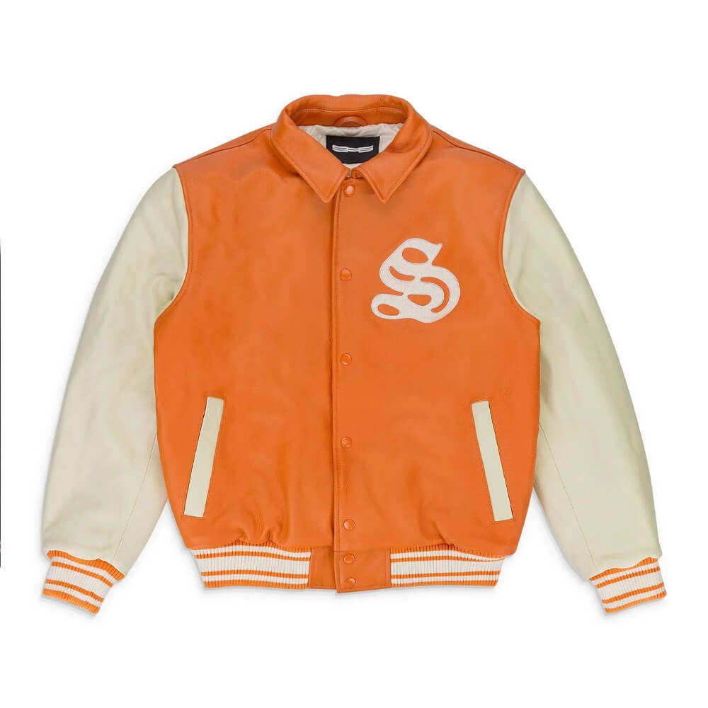 Men’s Tan and White Varsity Leather Jacket