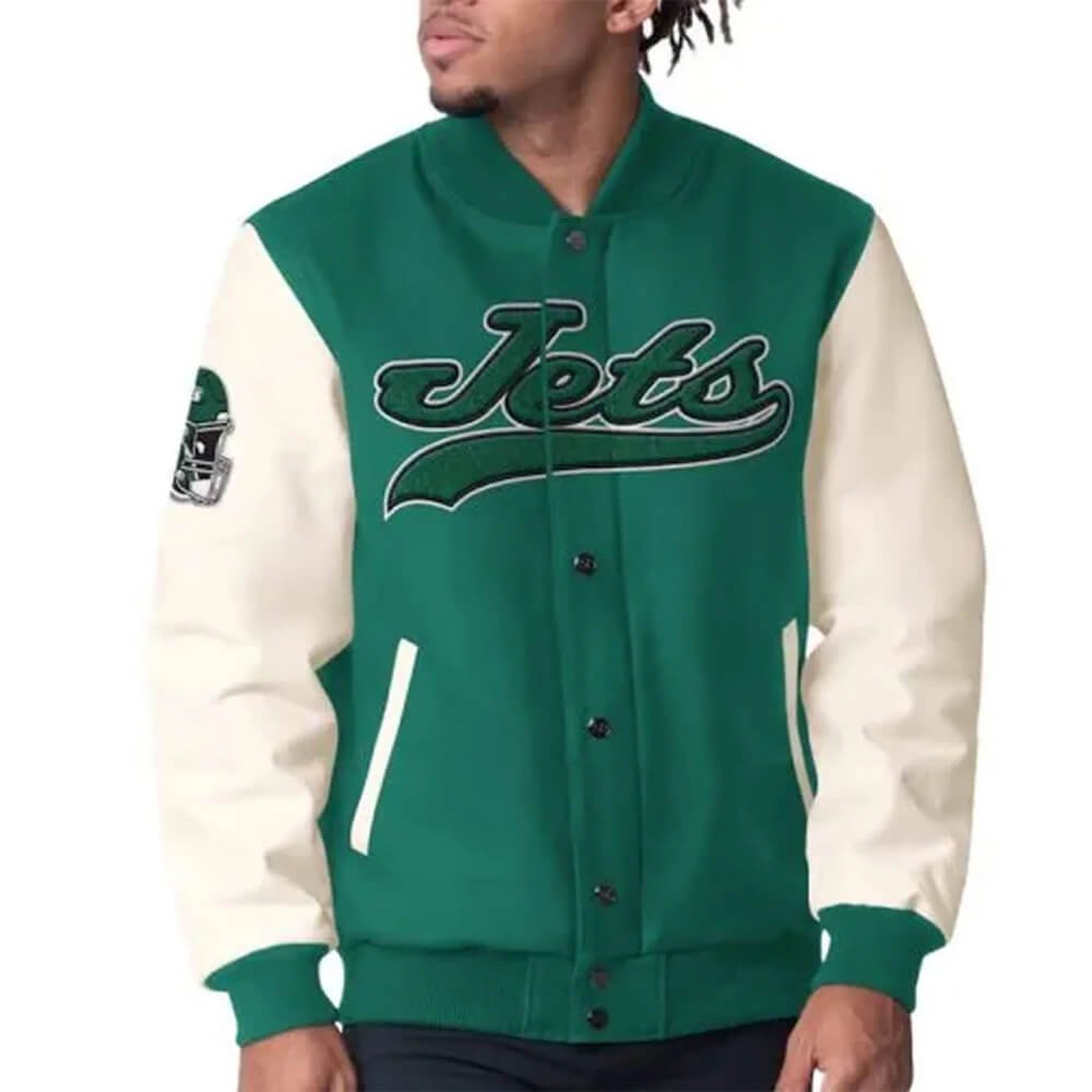New York Jets jacket, NFL varsity jacket, football varsity jacket, letterman jacket, sports jacket, streetwear jacket, fan apparel, official NFL jacket, casual outerwear, men varsity jacket, women varsity jacket, premium jacket, game day jacket