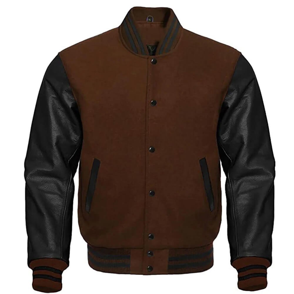 Brown Wool Letterman Varsity Jacket with Black Leather Sleeves