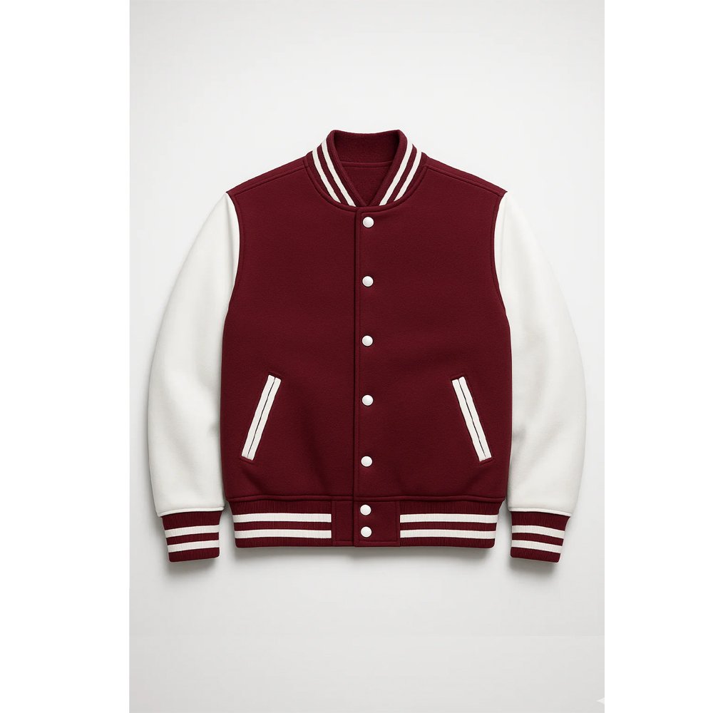 Maroon and white unisex varsity jacket