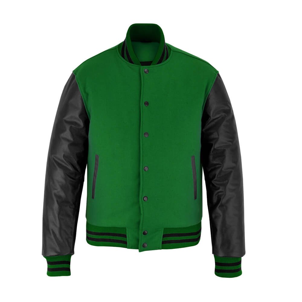 Green Wool & Black Leather Letterman Jacket