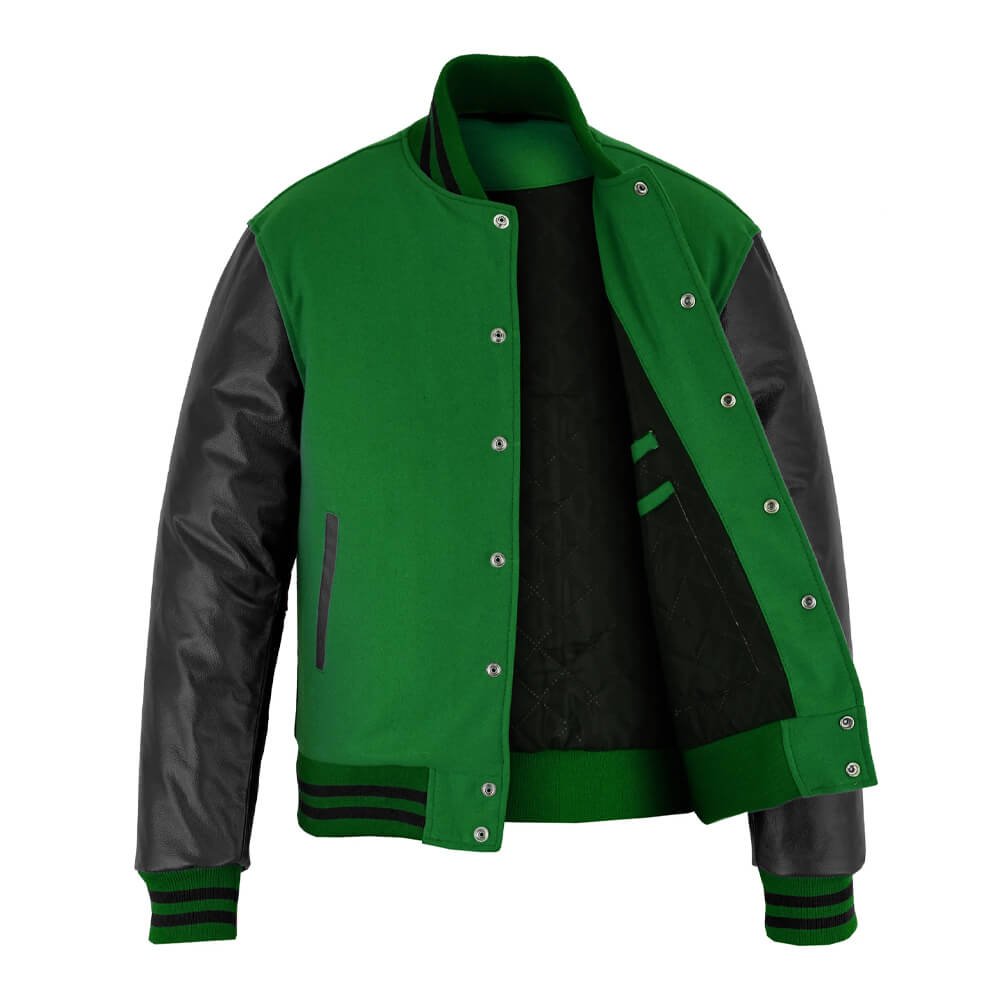 Green Wool & Black Leather Letterman Jacket