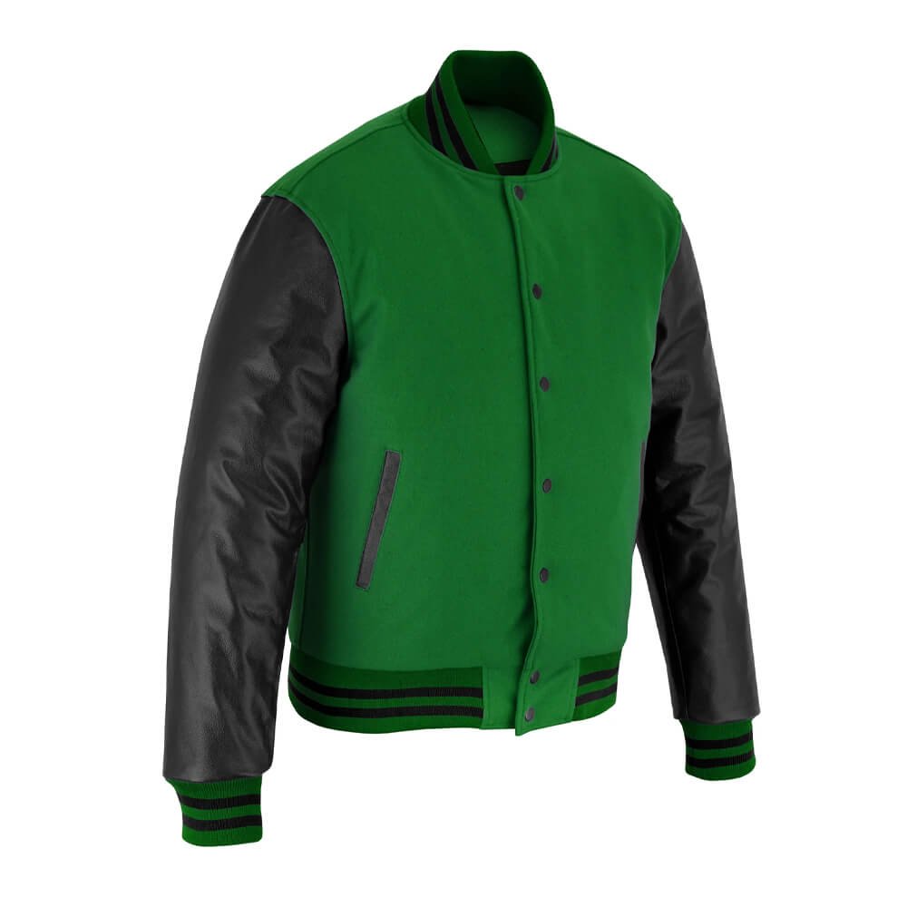 Green Wool & Black Leather Letterman Jacket
