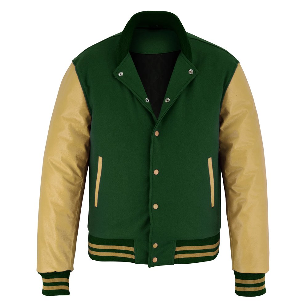 Green and beige varsity jacket