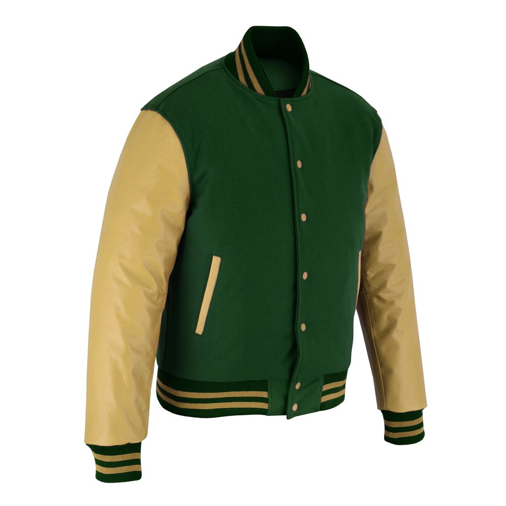 Green and beige varsity jacket