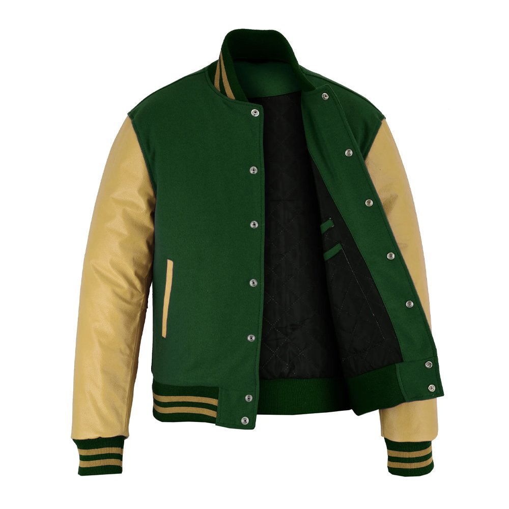 Green and beige varsity jacket