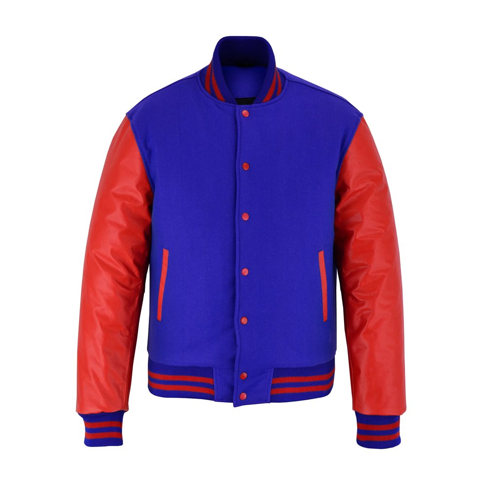 Royal blue wool bomber jacket with red leather sleeves