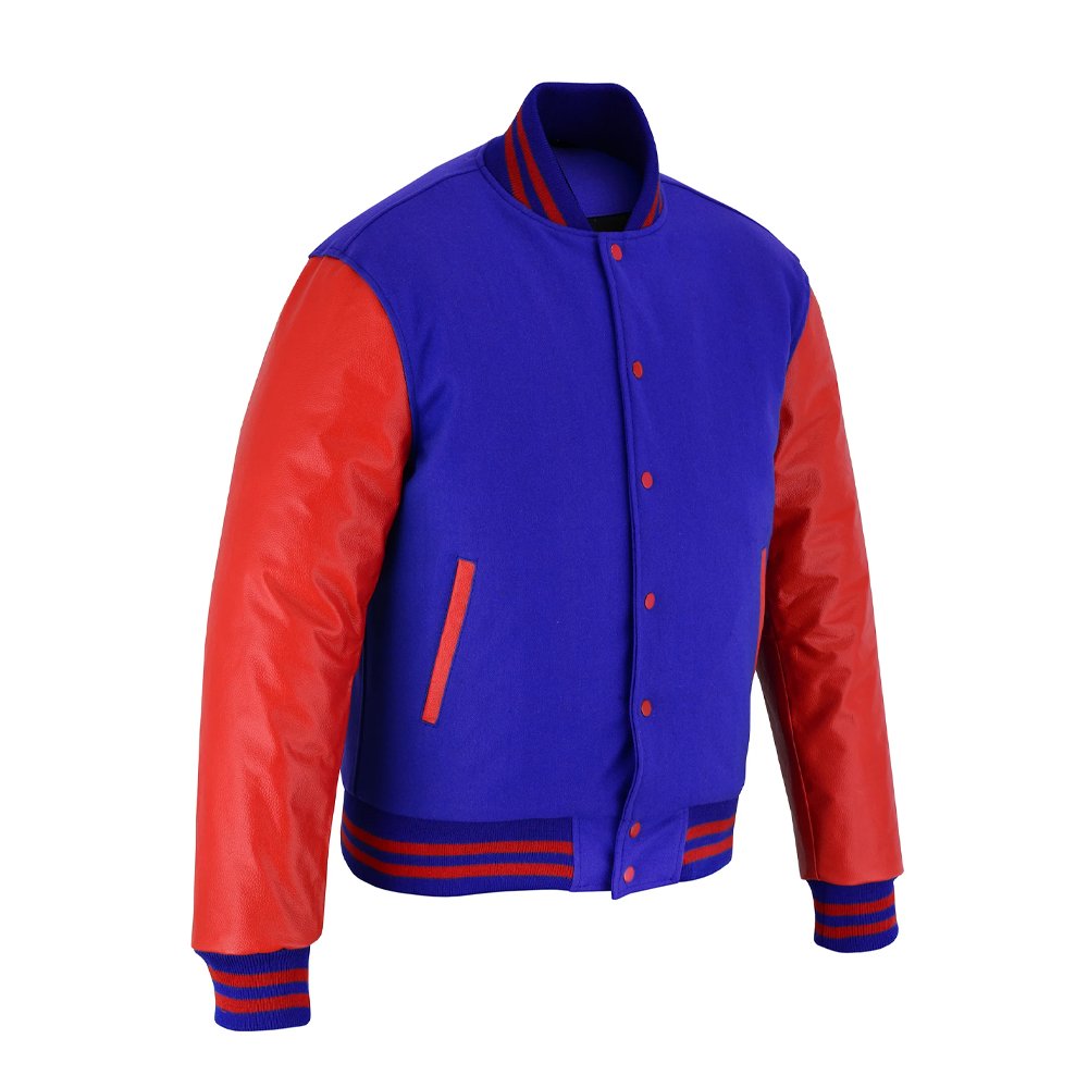 Royal blue wool bomber jacket with red leather sleeves