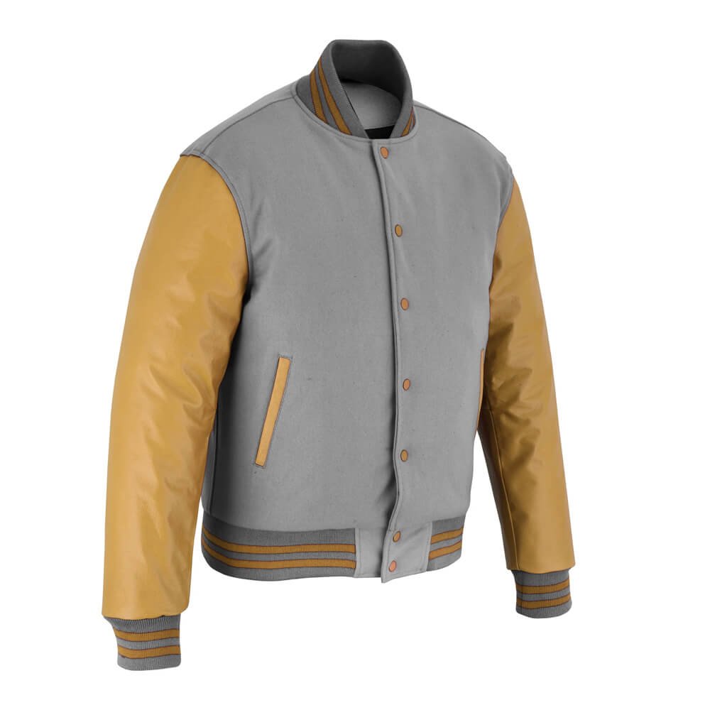 Gray wool varsity jacket with gold leather sleeves