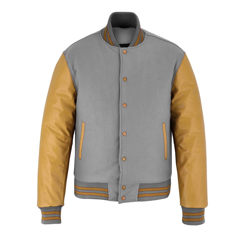 Gray wool varsity jacket with gold leather sleeves