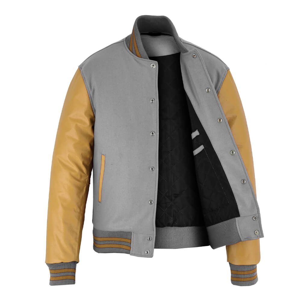 Gray wool varsity jacket with gold leather sleeves