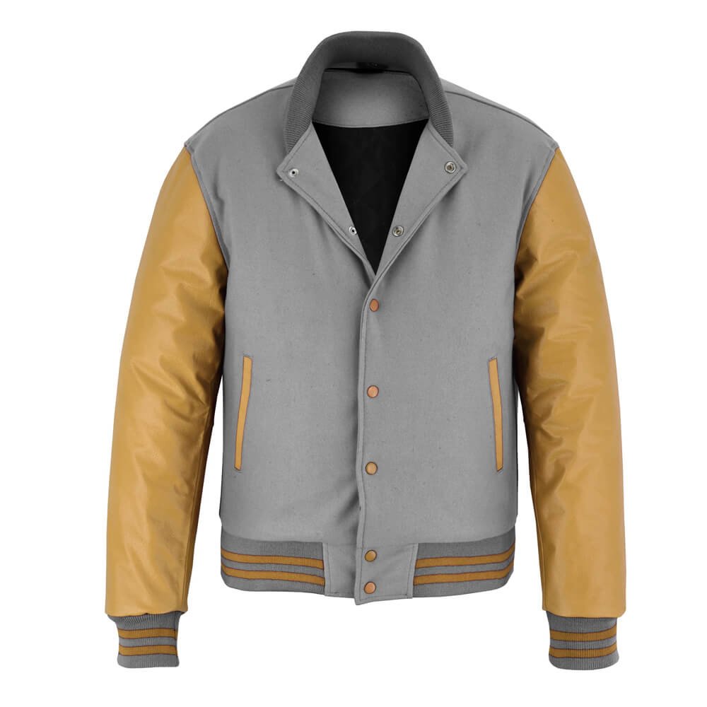 Gray wool varsity jacket with gold leather sleeves