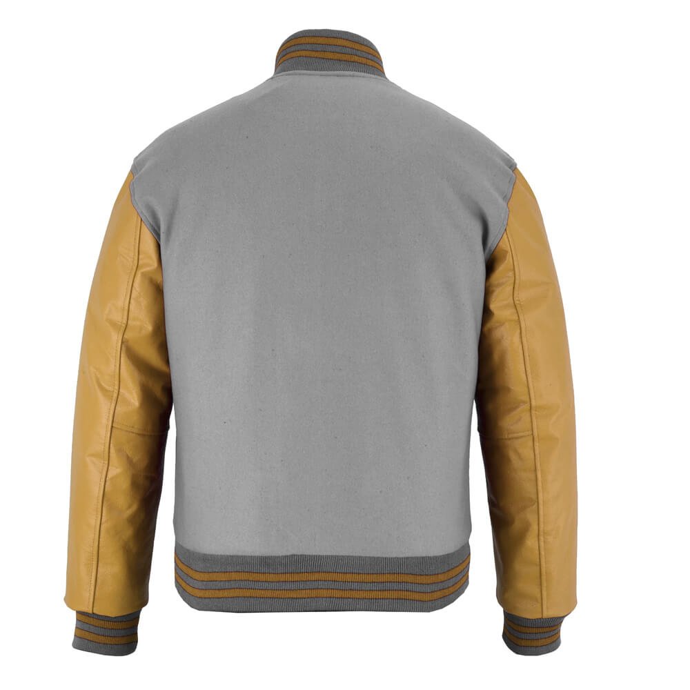 Gray wool varsity jacket with gold leather sleeves