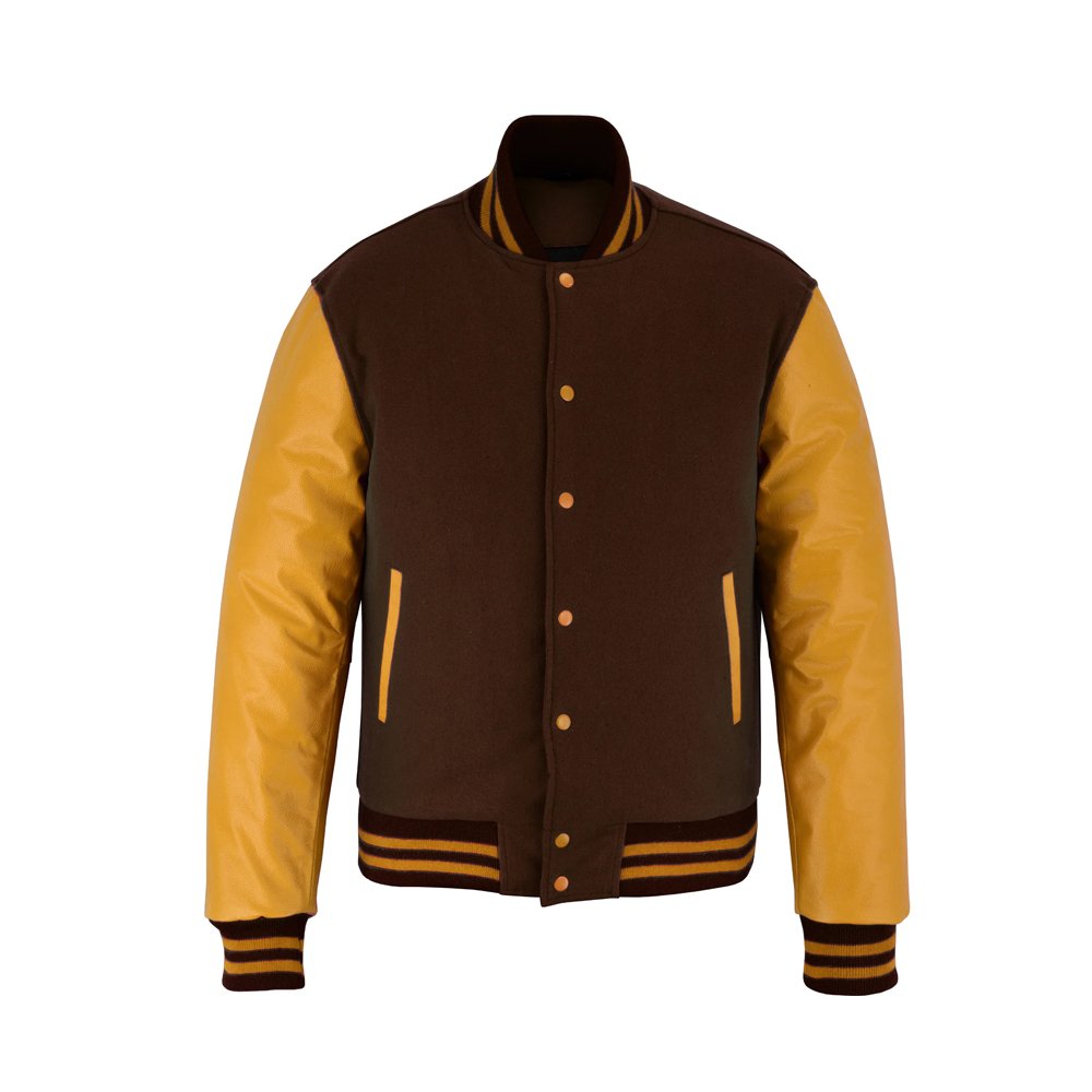 Brown wool varsity jacket with yellow leather sleeves