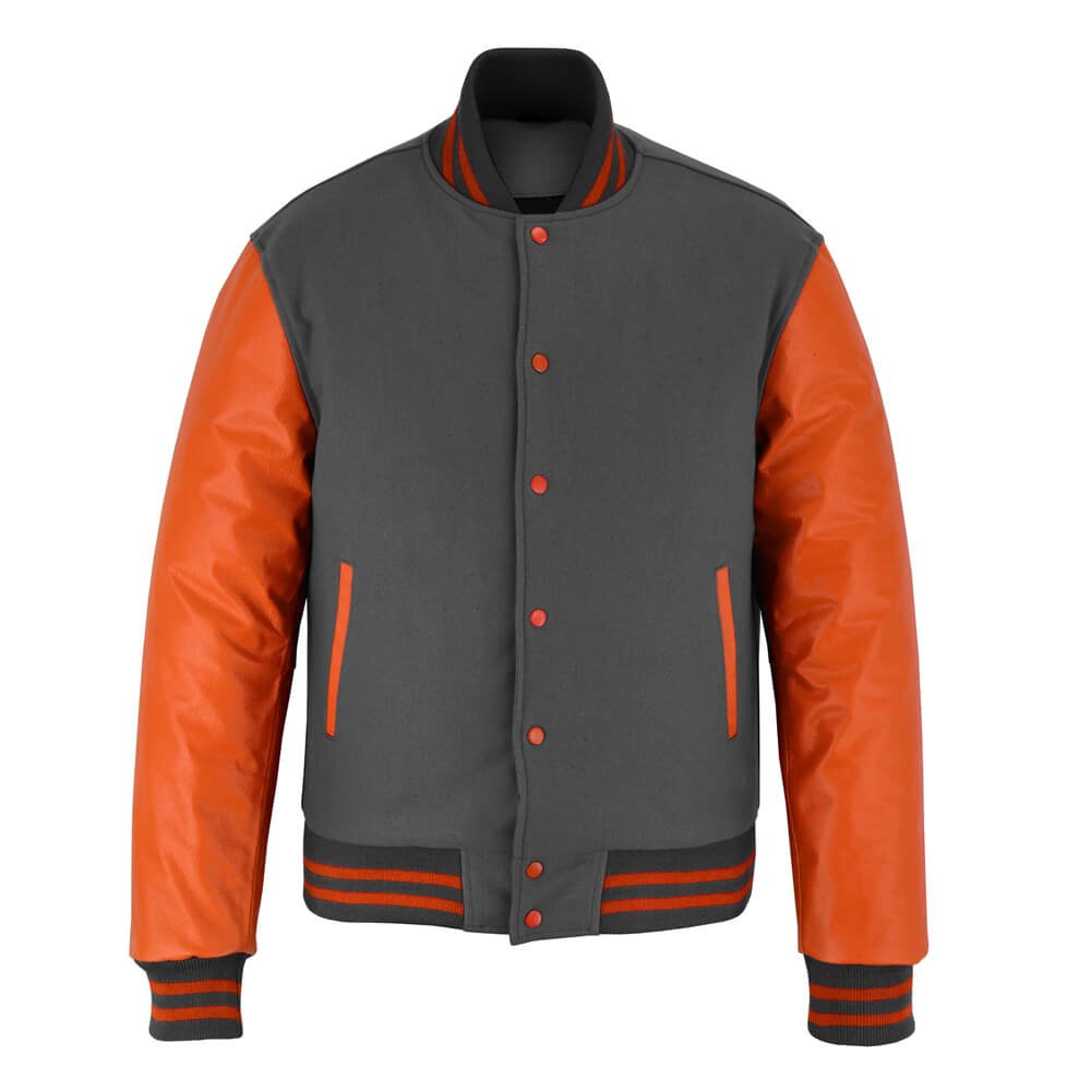 Grey Wool & Orange Leather Varsity Jacket