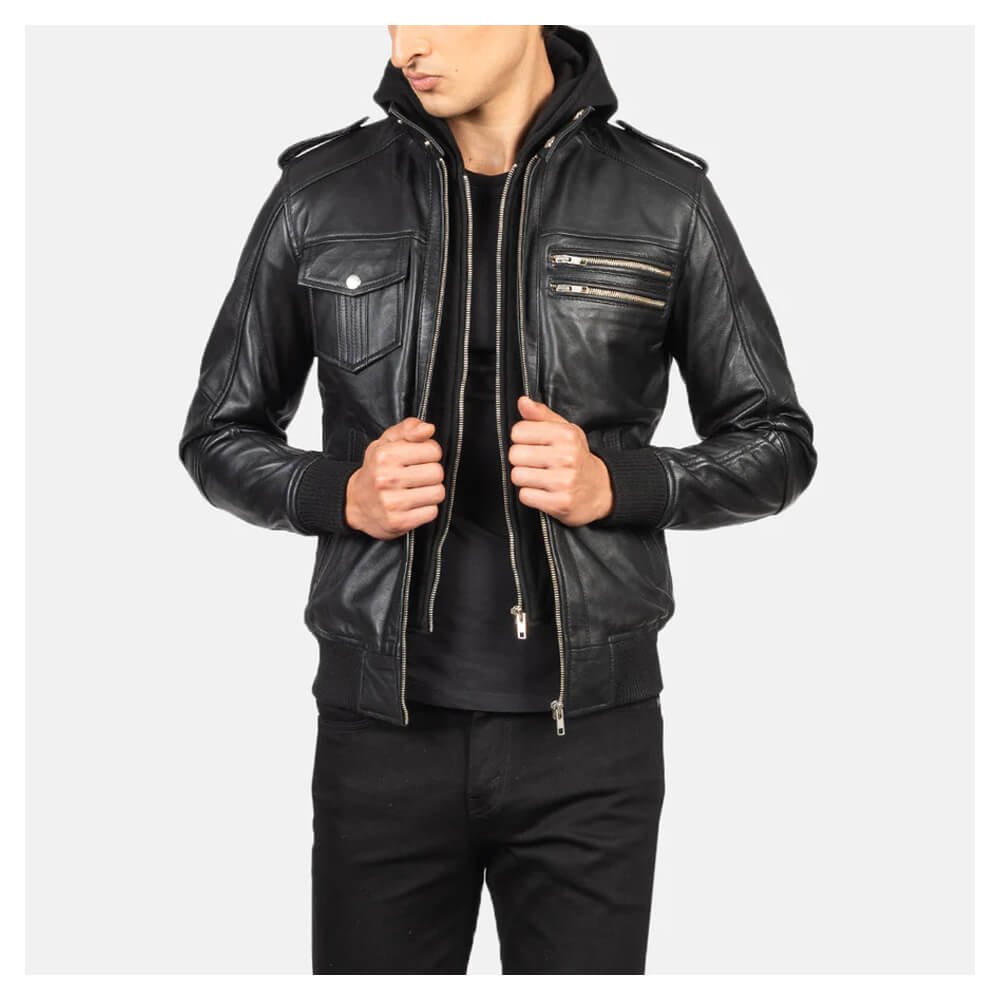 Black Hooded Leather Bomber
