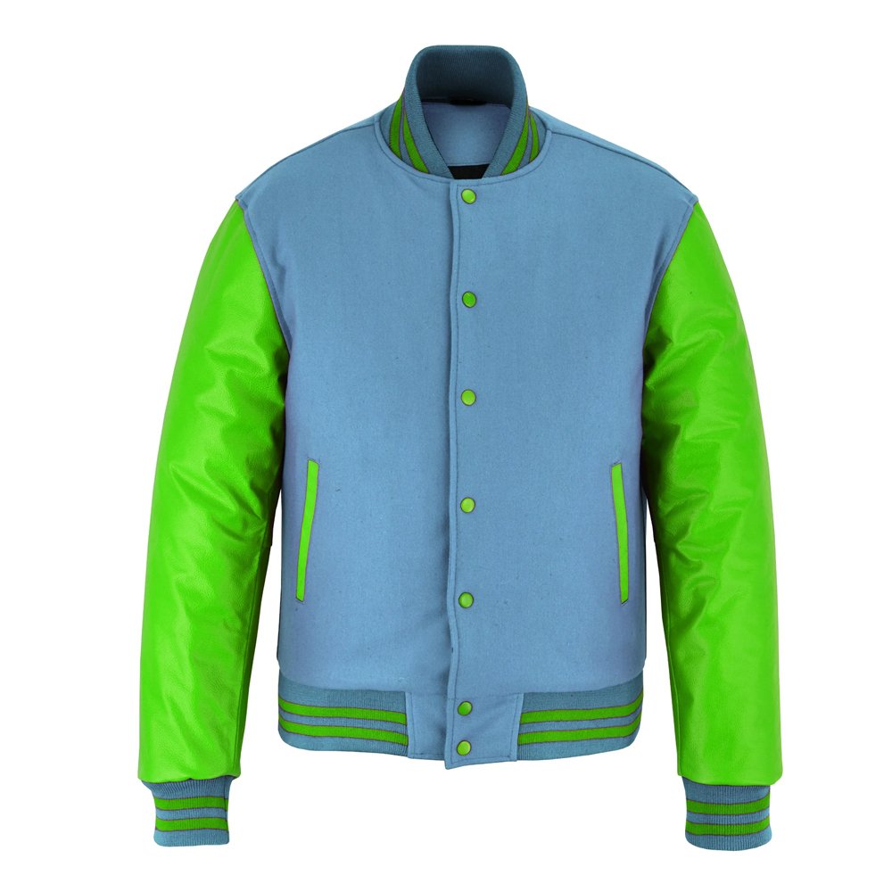 Sky Blue Wool & Green Leather Varsity Jacket