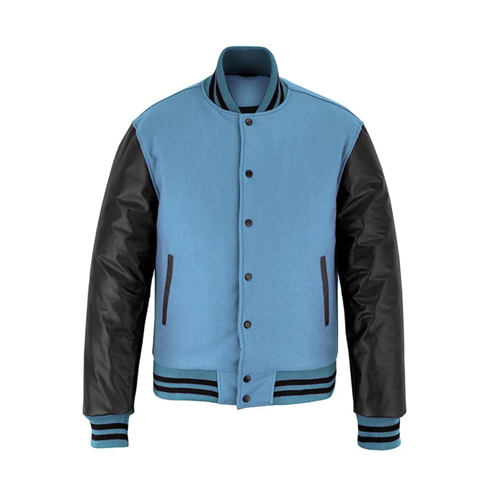 Sky Blue Wool & Black Leather Varsity Letterman Jacket