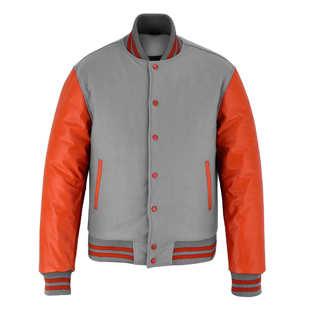 Light Grey Wool & Orange Leather Varsity Jacket