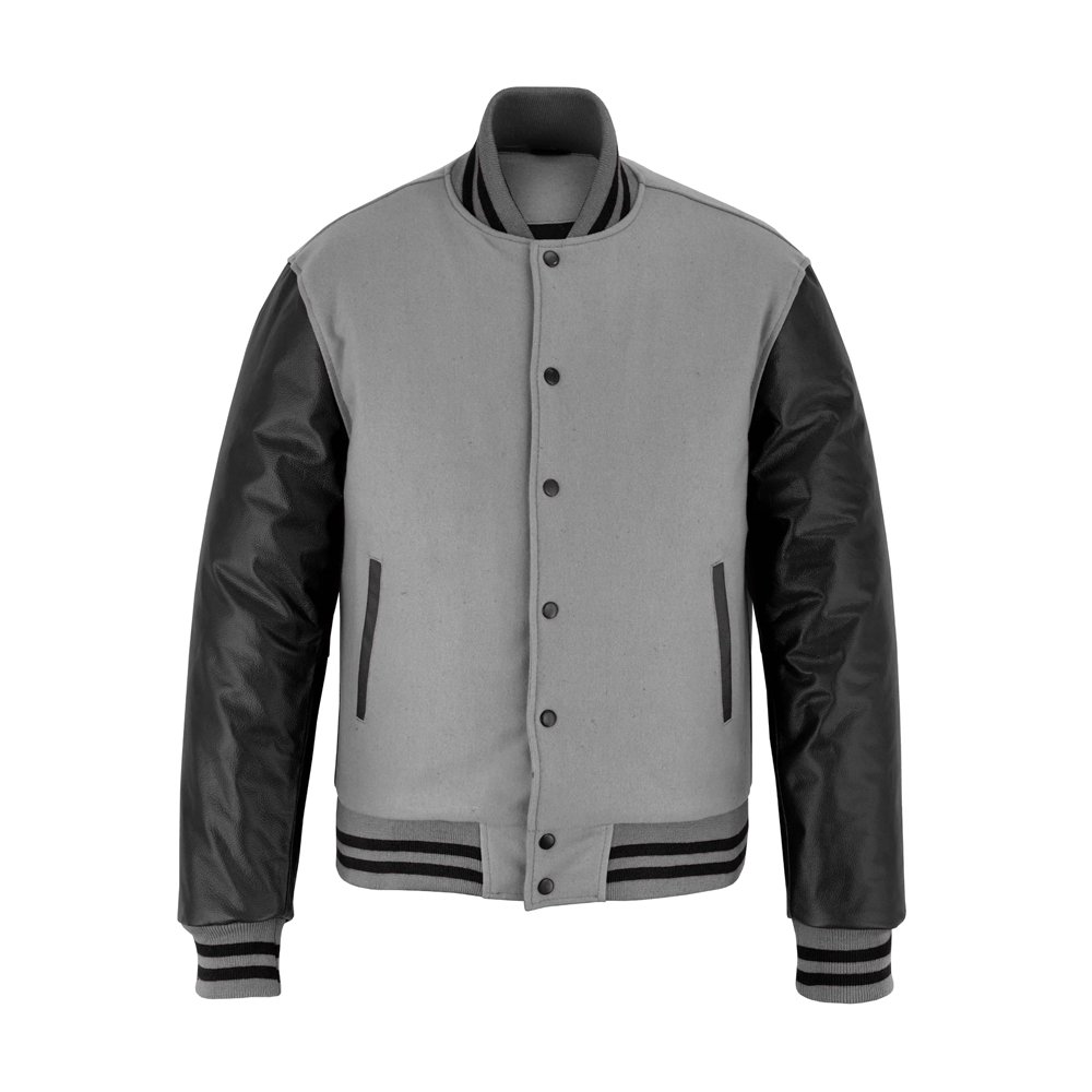 Light Grey Wool & Black Leather Varsity Jacket