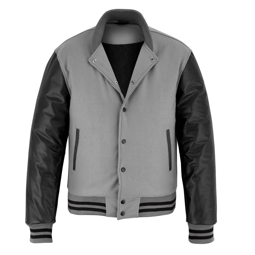 Light Grey Wool & Black Leather Varsity Jacket