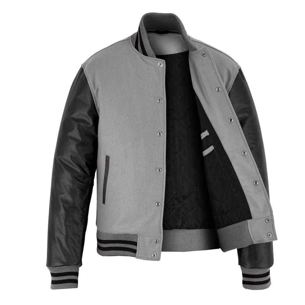 Light Grey Wool & Black Leather Varsity Jacket - Image 3