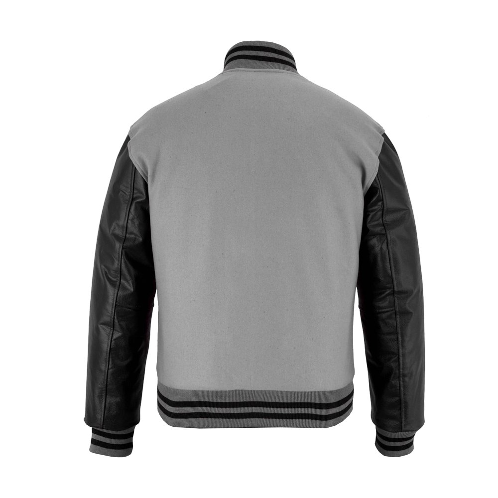 Light Grey Wool & Black Leather Varsity Jacket - Image 2
