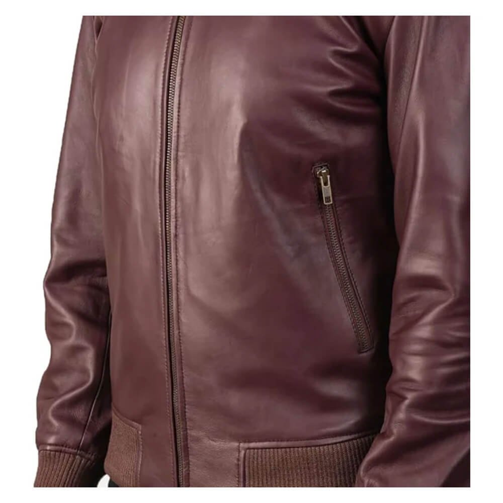 Shane Maroon Leather Bomber Jacket - Image 3