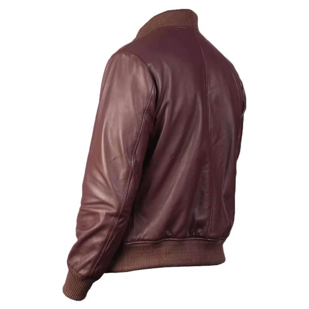 Shane Maroon Leather Bomber Jacket - Image 2