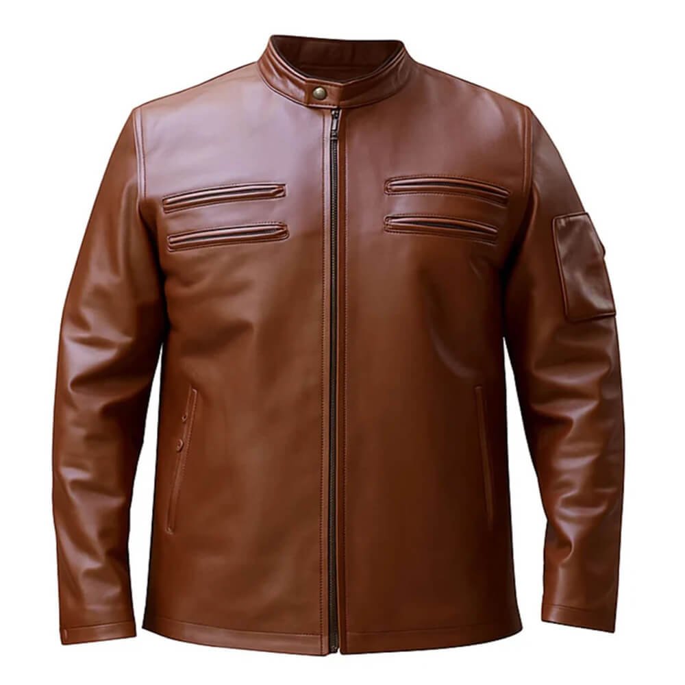 MENDER Men’s Plain Brown Leather Jacket