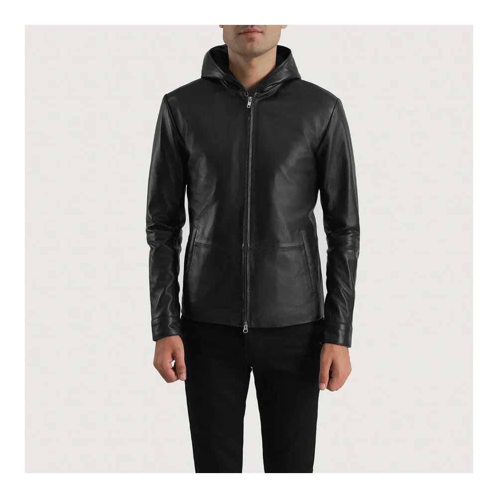 andy matte black leather jacket, mens black hooded leather jacket, matte black leather jacket, hooded leather jacket men, streetwear leather jacket, casual black leather jacket, premium leather outerwear, zippered pocket leather jacket, modern mens leather jacket, urban style leather jacket, lightweight leather jacket men, slim fit leather jacket, everyday leather jacket