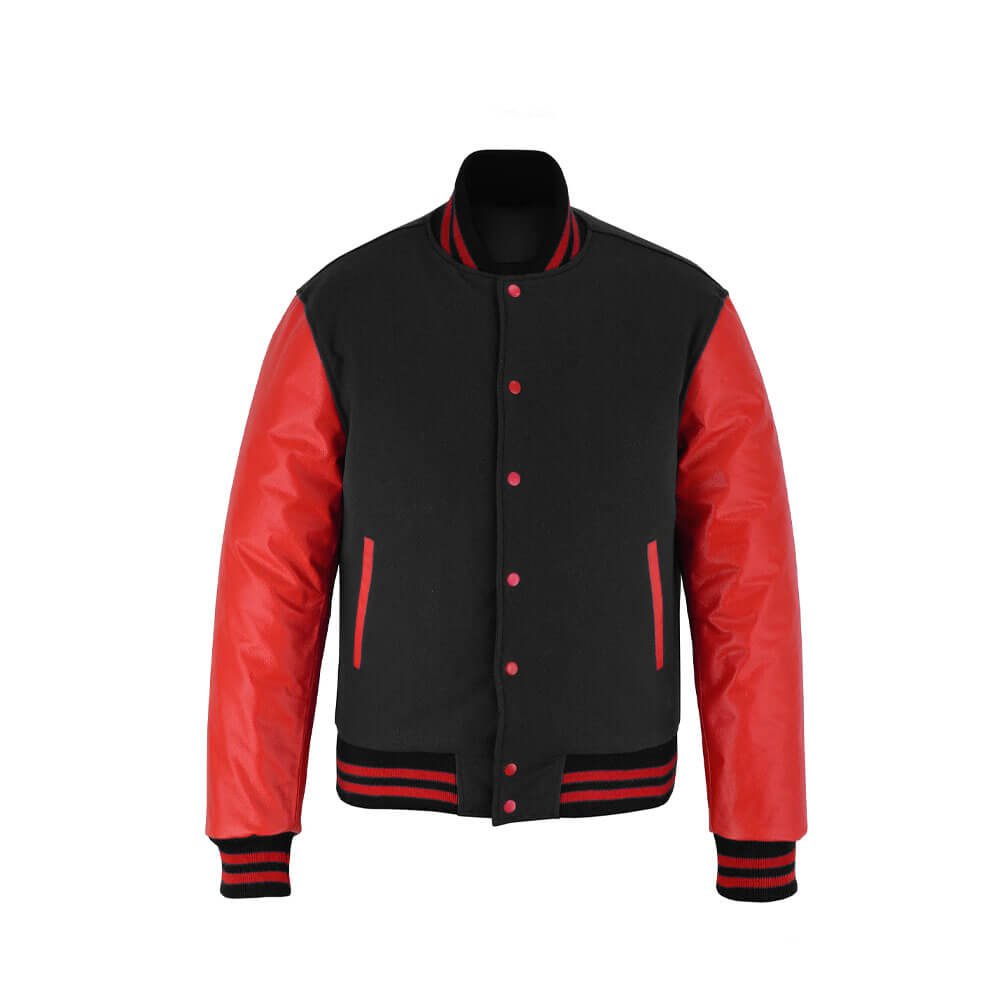 classic black wool and red leather varsity