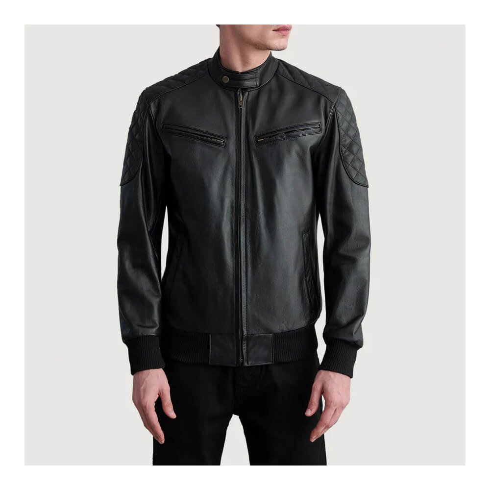 Casual Black Leather Bomber Jacket