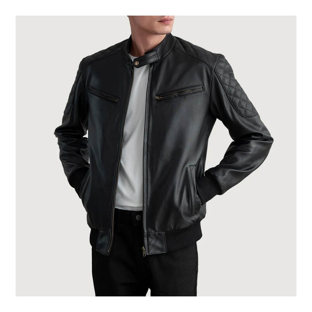 Casual Black Leather Bomber Jacket - Image 2