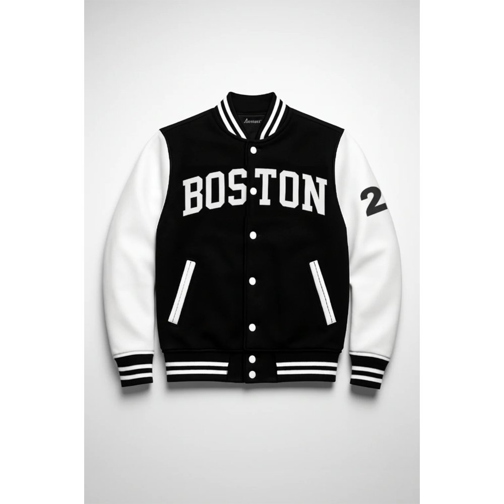Black and white Boston varsity jacket