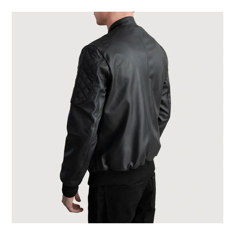 Casual Black Leather Bomber Jacket