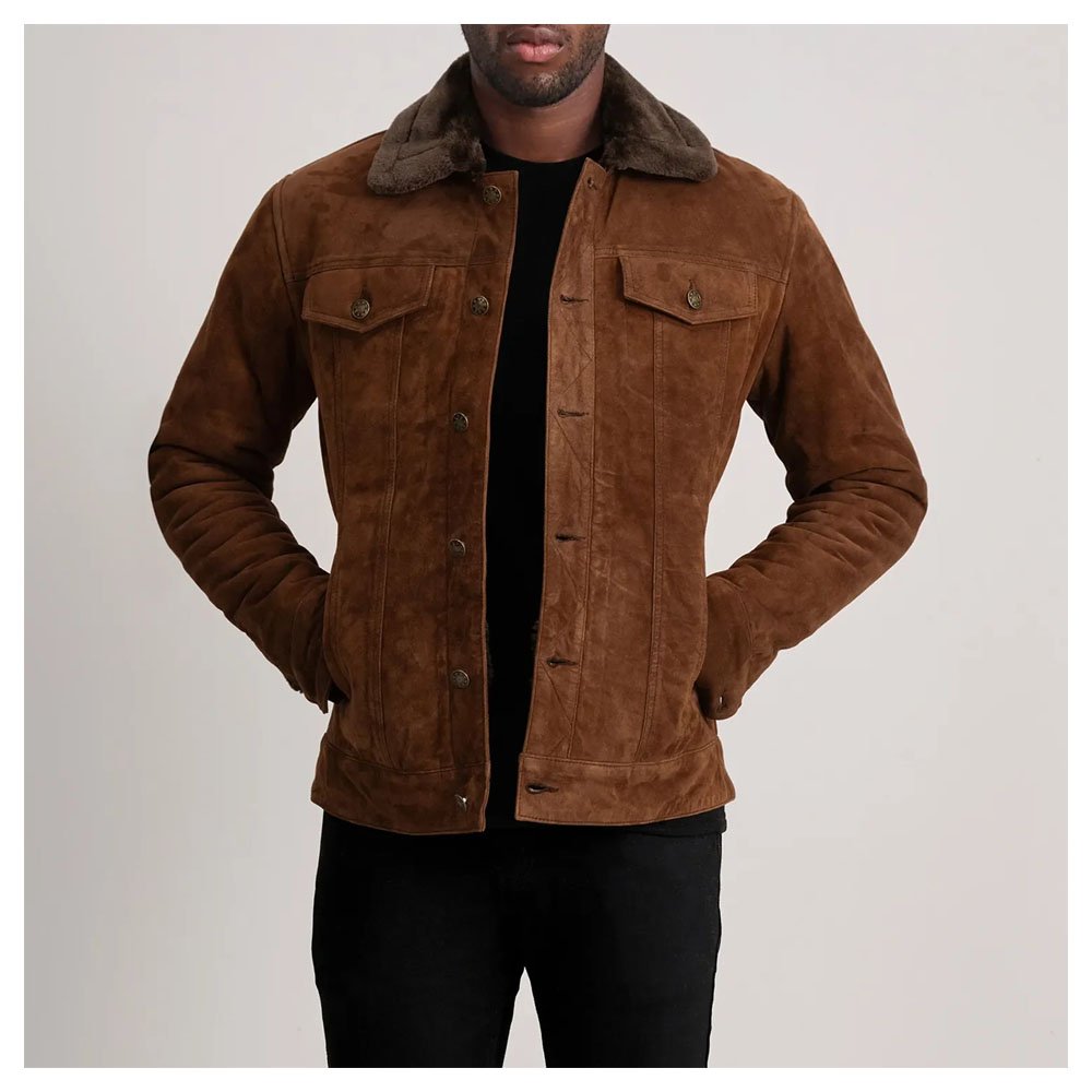 Dallis Brown Suede Shearling Trucker Jacket